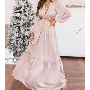 MAKE AN ENTRANCE BEIGE SATIN O-RING CUT OUT MAXI DRESS